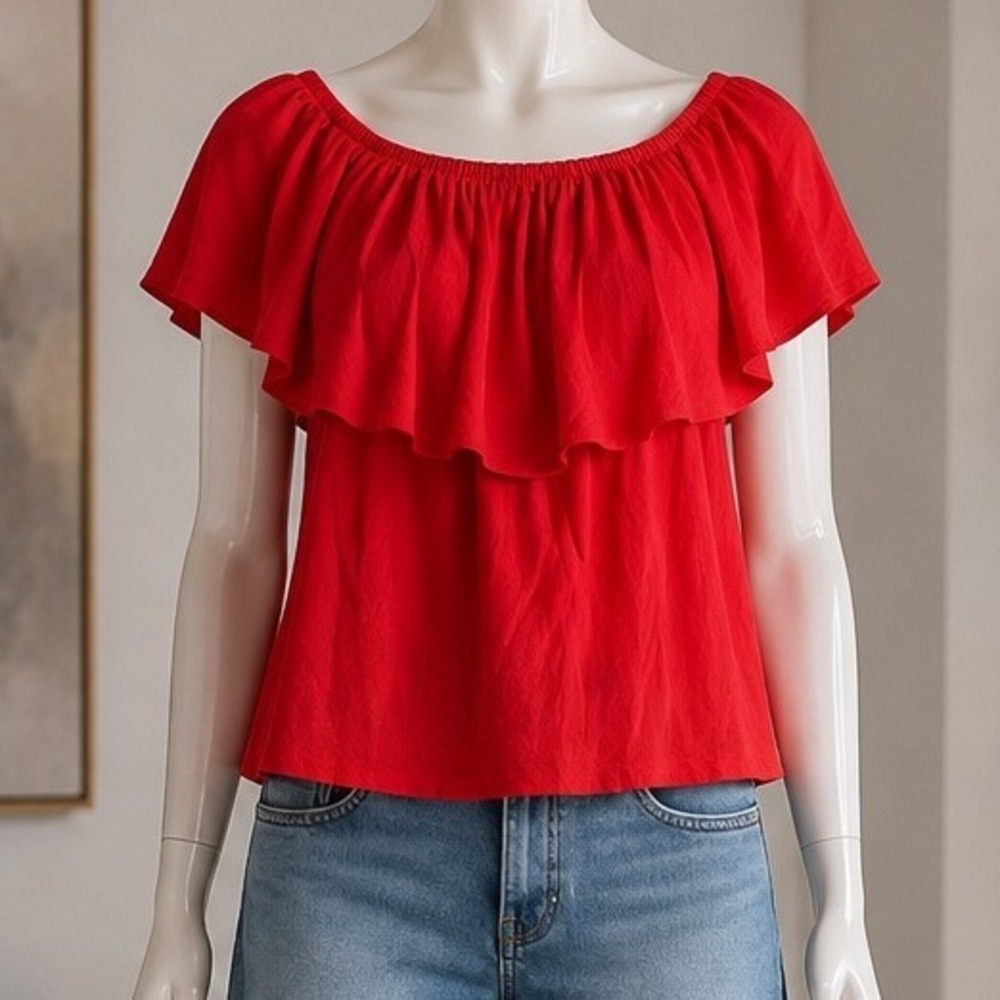 Holding Horses Womens Blouse Red Ruffle Off Shoulder Boho Top XS